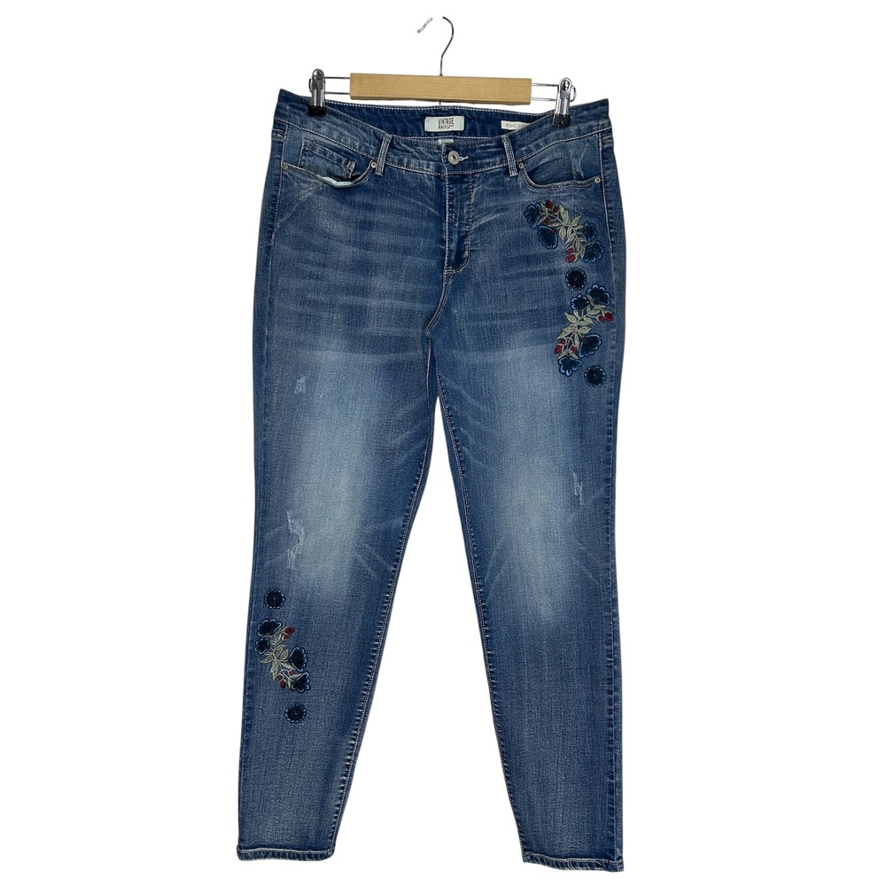 Vintage America Blues Cotton Blend Floral Embroidered Boho skinny jeans 14R/32